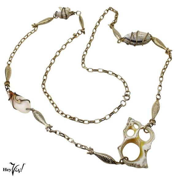 Vintage Necklace Gold Metal Chain Real Shells and Tiny Fish 38" Long - Hey Viv - Picture 4 of 7